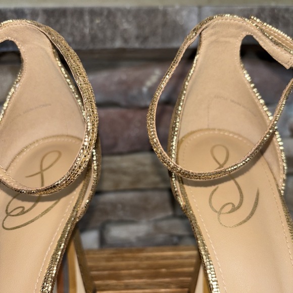 SAM EDELMAN Gold Glitter Metallic Bow High Heel Sandal Ankle Strap Women's 9 - Picture 3 of 16